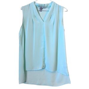 Tahari V Neck High Low Hem Pleated Sleeveless Blouse Top Mint Green Small